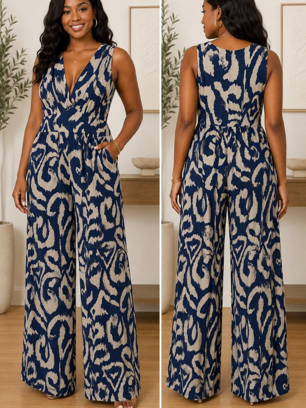 CIDER Blue & Cream Abstract Print Wide Leg Jumpsuit Size Large Textured V-Neck